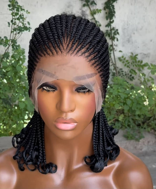All Back braided Wig Curly Tips Lace Wig